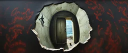 master oil painting by Escher and Giger, sodom in the style of Fallout 4, pinhole cam pic, dimensional door, tear in the fabric of reality