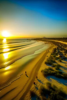 A super high-resolution 2 terapixel photograph of Siesta Key Beach in the late afternoon of January. Known for its fine, white sand and clear waters, the image captures the beach bathed in the golden light of the setting sun, with families and couples enjoying the mild winter weather. The water's edge glimmers, and the soft sand creates a dreamy landscape. Photographed using a Sony A7R IV and an 85mm f/1.4 lens, post-processed to enhance the warm, inviting atmosphere.