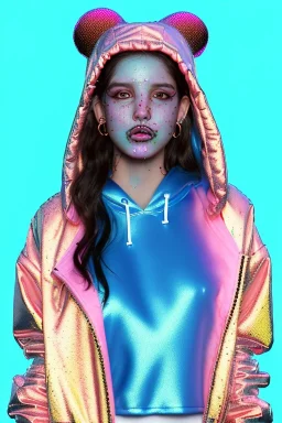 Ultra Realistic image, Rosalía artist, portrait, waist up portrait, long black eye line, sweet face, inflatable hoodie, gold pink and blue style, spray glow make up, led rings piercing, led geometric ornament, fog, hot, inflatable style bubble latex coat, vibrant color, highly detailed, art stations, concept art, smooth, unreal engine 5, god rays, ray tracing, RTX, lumen lighting, ultra detail, volumetric lighting, 3d, finely drawn, high definition, high resolution.