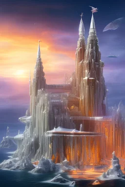 Futuristic city during Christmas with elements of Reykjavik's concert hall harpa and ocean, Zurich's old town and skyscraper prime tower and Lisbon monuments with santa justa elevator and alfama hill.