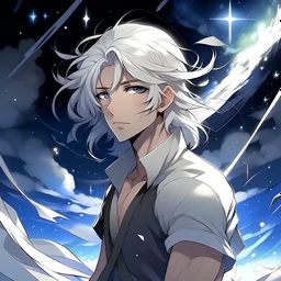 Its an anime novel cover, i want you to create your own design of the hero but his hair are fully white his hair are short a bit and he is 20's alike has muscles facing backwards his shirt is black and a sky background filled with meteors and destroyed earth