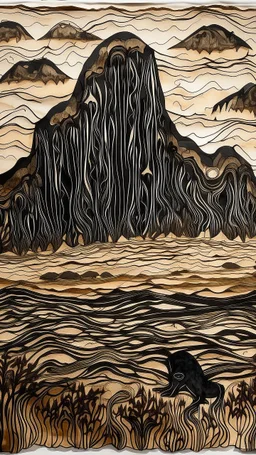 A dark brown prehistoric dry mountain with tar pits designed in Chinese paper art painted by Edvard Munch