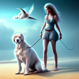 tablet on the beach, girl with dog, fantasy art, realistic photo