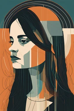 an detailed abstract flat geometric portrait illustration of Hope Sandoval with highly defined facial features in the minimalist style of Willi Baumeister, Federico Babina and Petros Afshar, sharply drawn and finely lined, in vibrant natural colors