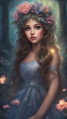 Painting of a beautiful girl, beautiful, haunted forest, flowers on her head, glitter dress, young girl, digital painting, fantasy art, pretty face, inspired by Thomas Kinkade, anime portrait, barbie face, big eyes, bright eyes, dream, trees, forest background, dark night, song, glitters background, fantasy, high quality, 8k