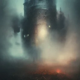 photographic camera in abstract style. fog and smoke in atmosphere. bokeh, lens flare. Dark mood. Dripping paint. oil on canvas, high detailed. beksinski