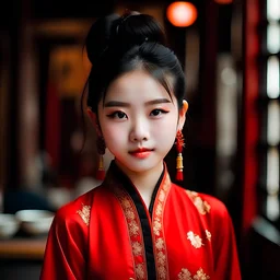 Teenage Chinese girl, black hair in Chinese buns, red cheongsam, brown eyes, pale skin, princess