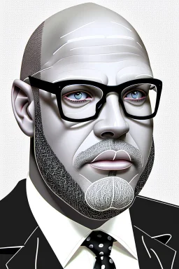 black and white,real estate agent,bald male with grey beard,55 years old,metal frame glasses,, necktie,portly,detailed drawing,white background