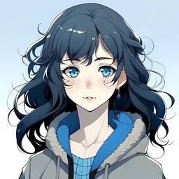 Teenage girl, shoulder length black curly hair, icy blue eyes, pale skin, anime style,