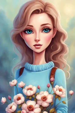 Painting a haughty beautiful woman,standing on a sidewalk, light bleu sweater, bleu long pants, brown shoes, bouquet of flowers in her hand, digital painting, fantasy art, pretty face, inspired by Jeremiah Ketner, illustration, anime portrait, barbie face, big eyes, bright eyes,kijkt achterom