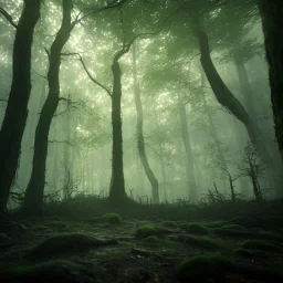 spooky forest, 4k, 8k, highly detailed, cinematic, ultra photorealistic, volumetric lighting, sharp details, mist, trees, depth of field, sun shafts, sunset, wide view