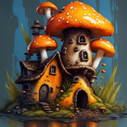 A weird mushroom house with drippy spots and eyeballs on a floating island. black yellow orange blue Detailed gloss Painting, rich color, fantastical, intricate detail, splash screen, hyperdetailed, insane depth, concept art, 8k resolution, trendi