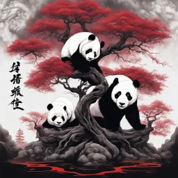 ying yang aesthetic, Panda under a dark bonsai tree silhouette, by David Seidman, Noir, fantastical oil matte painting, creepy, fung shui flow, epic masterpiece, violent colors, melting crimson tones, white and black colors.