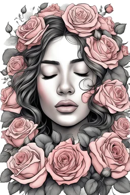 big beautiful bouquet of roses all around her face, her eyes are closed and dreaming peacefully, only her face shows, her face fully covered by the bouquet of roses, use black outline with a white background, clear outline, no shadows