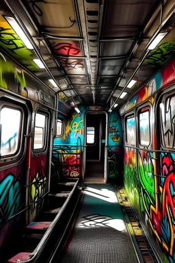 Riding in a freight train car that's filled with graffiti on the walls in a surreal style