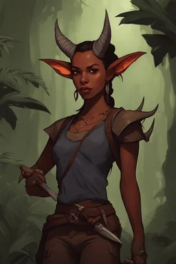 A DnD character. A female horned Tiefling ranger with pointy ears standing in a jungle. The Tiefling has a little pterosaurs on her shoulder and a rapier in her hand.