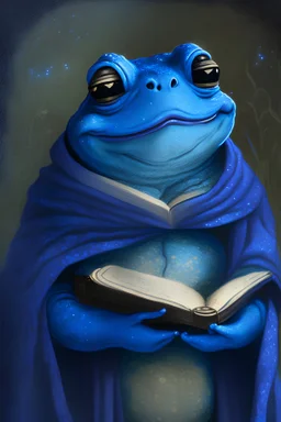 a happy blue toad wearing a black shawl and holding a magic book