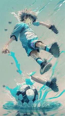 anime soccer player kicking the ball covered in water