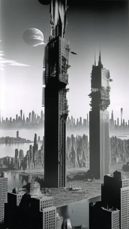 view of a futuristic the New York City in a post atomic catastrophic way, with lots of buildings in ruins,