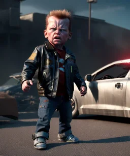 The Terminator toddler, full body, dramatic lighting, angry, hyper realistic