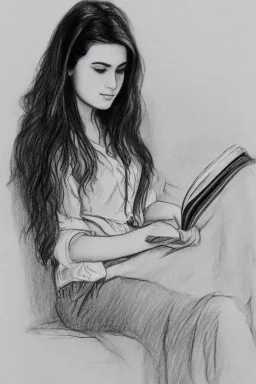 Pencil sketch of Young woman, Arab features,sad, long wavy hair, reading a book, full body، on lined paper