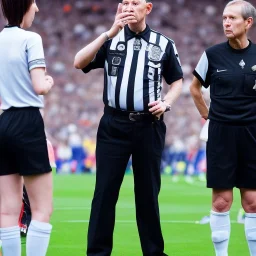 Sue Bird in a referee jersey officiating for a soccer match at Wembley Stadium