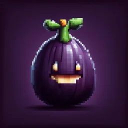 Highly detailed high quality pixelated art giant eggplant emoji, graphic design, dark aura background