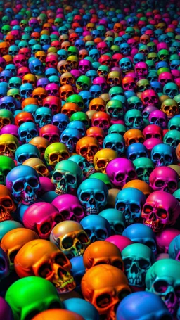 a field of 1000s of cartoonish, anatomically correct, skulls, varying sizes and colors, vivid RANDOM BRIGHT dayglo neon colors, dark comedy, well lit, high detail, photorealistic, horrorcore, fun, scary, dead, not centered on any one skull, macro not microncc 1701 enterprise Macabre Rapture End of days Revelation scene, loose brush stroke matte oil painting, sinner apotheosis, By John Lovett and Zdzislaw Beksinski and Phlegm, diagonal composition, unbalanced, photorealistic