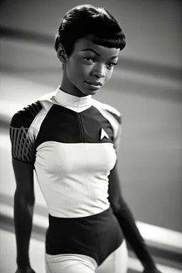 (Achieving unparalleled quality and hyper-realism), this photograph was expertly captured with a vintage Hasselblad 500 C/M 1957 camera, showcasing a youthful portrayal of Nyota Uhura. She is seen wearing a sleek and practical Star Trek Starfleet gym suit, exuding confidence while stationed in the space dock. The scene is set amidst a natural, moody backdrop with soft, diffused lighting that accentuates her explorer-like presence. The careful composition of the image casts captivating shadows, h