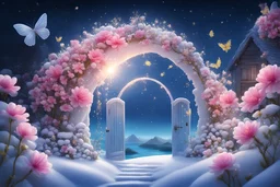 paysage féerique de neige, magnifique arche de cristal, perles de lumières, fleurs lumineuse roses, lucioles, rayons de lumières, très petits papillons jaunes, en arrière plan une maison de bois bleu , le ciel est bleu marine avec des étoiles, au loin des montagnes enneigées, perles de lumière blanche