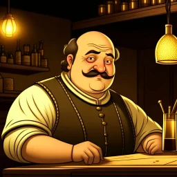 A fat balding Italian man with mustache in a medieval fantasy tavern