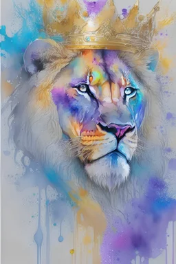 watercolor on transparent background paper, chromatic, zoom, very sharp, splash of colors on a white background, Mixed colors, Sharp detailed Lion with crown, half robot, details on eye, a detailed golden purple sunset fire style, Beach with light blue water, graffiti elements, powerful zen composition, dripping technique, & the artist has used bright, clean elegant, with blunt brown, 4k, detailed –n 9, ink flourishes, liquid fire, clean white background, zoom in,