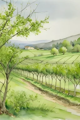 watercolor of a vineyard in spring
