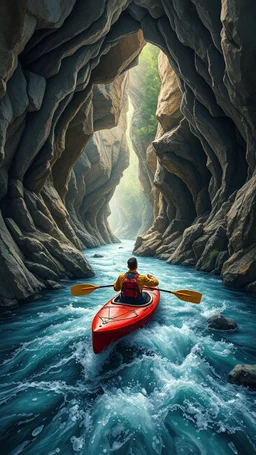Bosch painting style, 3D multi layers caves where the a river stream, a man in kayak boat in a fast water