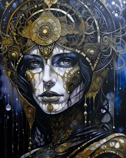 Aquarelle art Acrylic pouring liquid art Beautiful vantablack voudore biomechanical watercolour art young faced woman portrait adorned wirh biomechanical bioluminescense vantablack and dark violet and white glitter cover rose headdress and metallic golden filigree floral. Embossed costume armour organic bio spinal ribbed detail. Of rainy gothica background extremely detailed hyperrealistic aquarelle art maximálist concept art