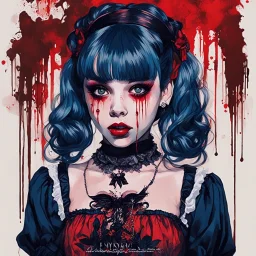 Poster in two gradually, a one side malevolent goth vampire girl face and other side the Singer Melanie Martinez face, full body, painting by Yoji Shinkawa, darkblue and red tones,