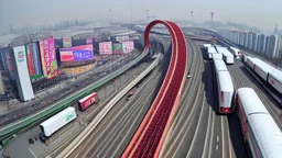 A Tesla semi-truck is racing at top speed, across 'Lotte World', in Seoul (South Korea). CINEMATIC. WIDE ANGLE LENS.