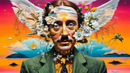 Surreal collage of different elements, dreamy and ethereal feel, by Salvador Dali and Rene Magritte, vibrant colors, intricate details, thought-provoking concept art.