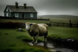 one sheep in the rain by Icelandic farmhouse