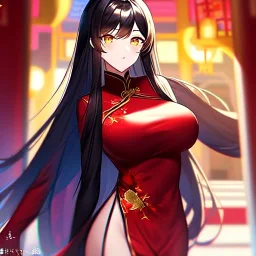 Clear focus, 8k, high quality, detailed, beautiful lighting, vibrant colors, black long hair, vibrant golden eyes, girl, red chinese clothes