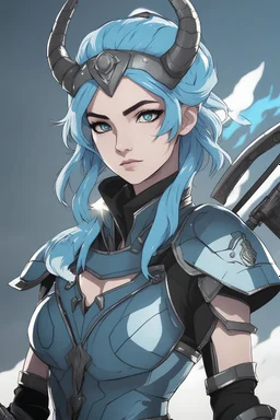 Young woman with powder blue hair, silver eyes, goat horns on forehead, blue and black armor, wielding a war glaive, battlefield background, RWBY animation style