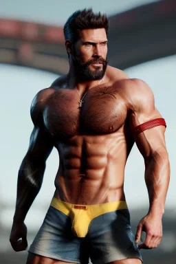 Ignore NSFW, teenager young rugged attractive slightly muscular fantastic handsome man, red briefs with yellow belt, hairy chest, (((visibly pisssing))) briefs, large erect visible boner peniss, photorealistic, artist Jay Anacleto, soft lighting, scruffy beard