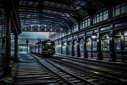 An old vintage train station on a foggy day, add deep dark color and reflections in and around the old stempunk train