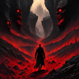 souls partially buried in the rocky ground crawling to get free, in the style of Beksinski, red and black, extremely detailed, dark, extreme horror