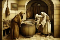 Medieval monks doing their laundry with a washing machine but make it a medieval oil painting by Leonardo da Vinci