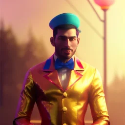 circus, ringleader, Arthur Kulkov, front, handsome, muscular, male, Russian, fantasy, anime, at dawn by atey ghailan, mystical colors, Golden hour, Lisa Frank fantasy