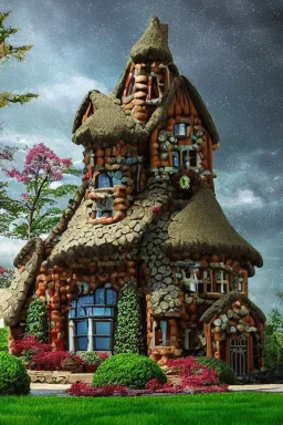 Gingerbread house beautiful surreal building in a landscape, luxury residential property, real estate photography, cosmic sky, detailed, realistic, natural light, full color, dreamscape aesthetic, surreal fantasy building, HD photography, house and garden, dwell designs, architectural digest