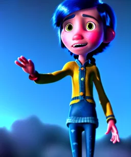 Coraline Jones, one person, dynamic lighting, hyper realistic, bright colors, button eyes, sad faces, rainbow gloves