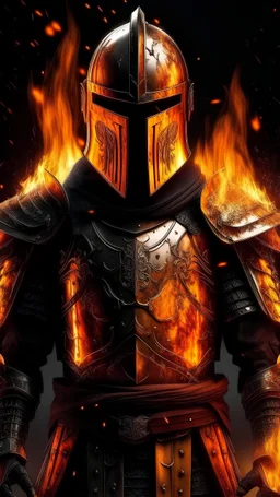 A human wearing armor made of fire and star wars wallpaper