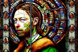 Thom Yorke's face stained glass window,panel, lead caming, medieval stained glass